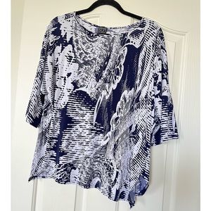 Clara Sun Woo blouse abstract print 3/4 sleeves asymmetrical hem blue Large L